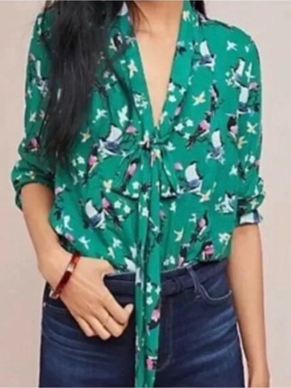 🐦 Anthropologie Women’s Conversations Green Bird-Print Tie-Neck Blouse - Size 2